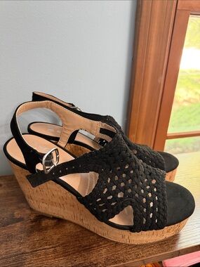 Mi Black Woven Cork Wedge Sandals